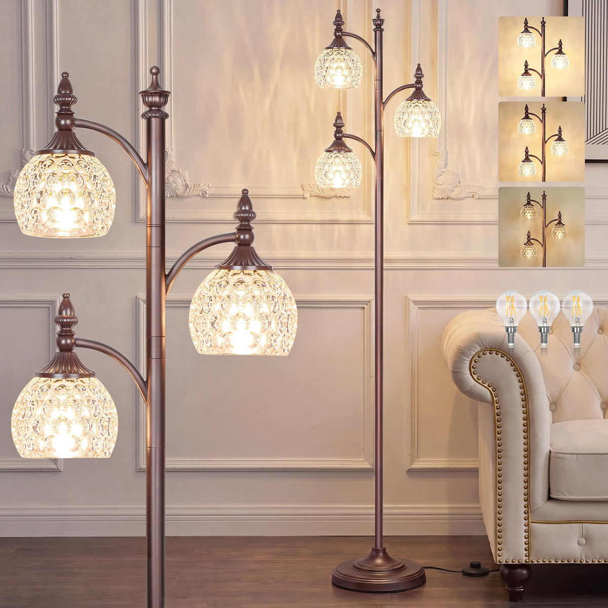 JUNNAI Gold Floor Lamp, Dimmable Tree Floor Lamps for Living Room Brass Tall Standing Lamp with 3 Rotatable Lights Glass Shade 66.5'' Modern Corner Lamp for Bedroom Office(3LED Bulbs Included)