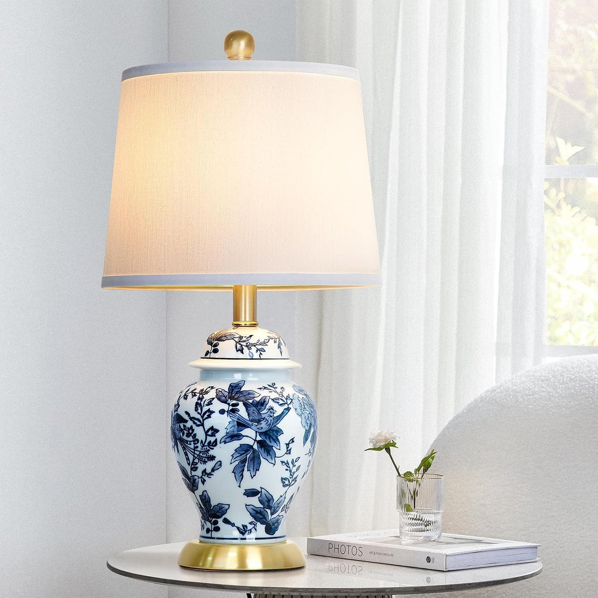 Chinoiserie Table Lamp 23'' Ceramic Table Lamp, Classic Blue and White Bedside Desk Nightstand Lamp for Bedroom Living Room Office College Bookcase Coffee,Dimmable,Single Lamp