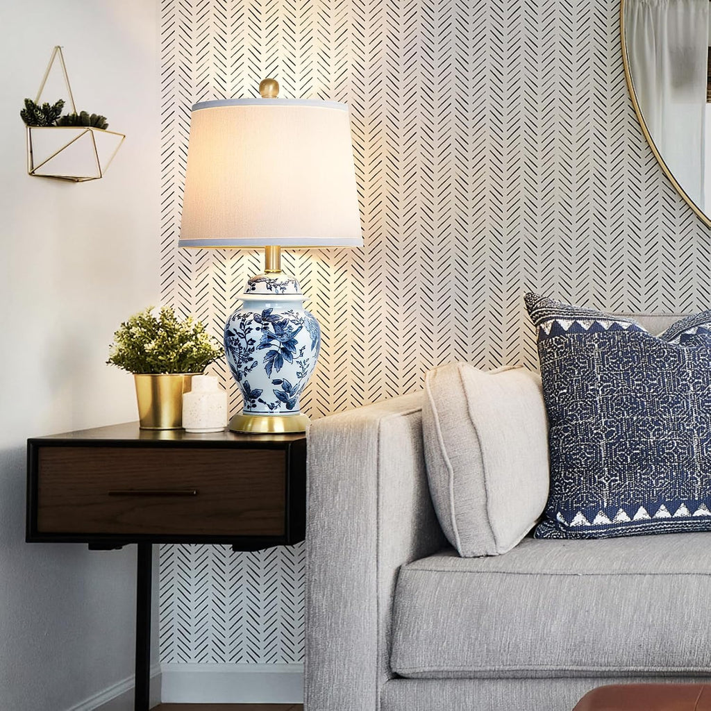 Chinoiserie Table Lamp 23'' Ceramic Table Lamp, Classic Blue and White Bedside Desk Nightstand Lamp for Bedroom Living Room Office College Bookcase Coffee,Dimmable,Single Lamp